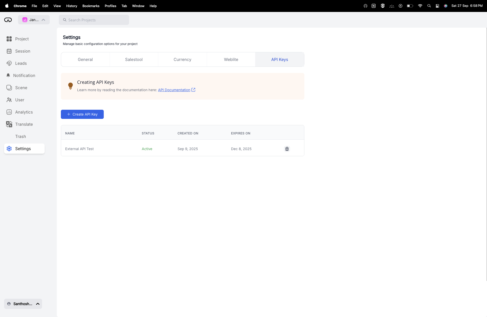 API Keys Management Interface